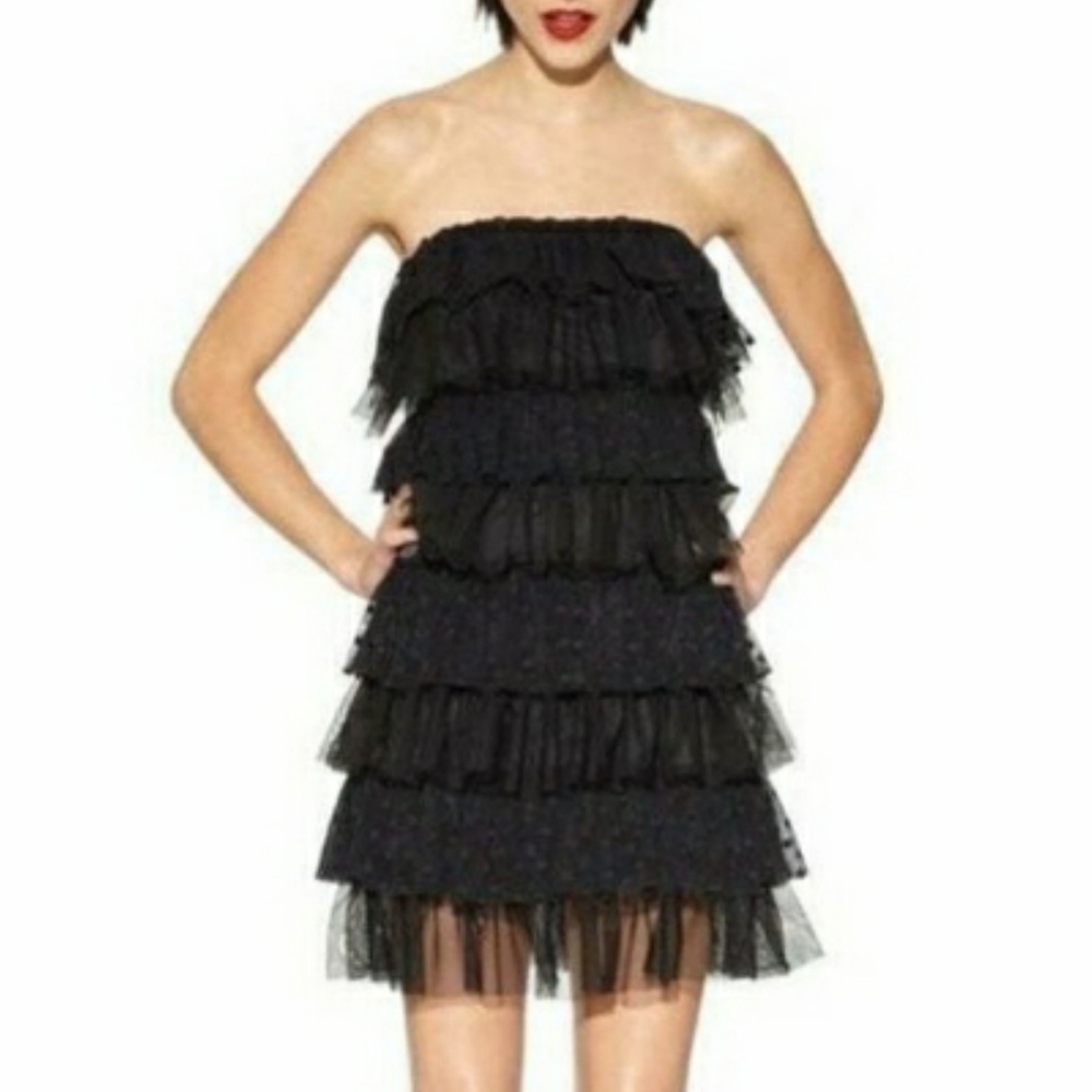 KATE YOUNG Polka Dot Ruffle Tier Strapless Black Cocktail Dress 14 NWT